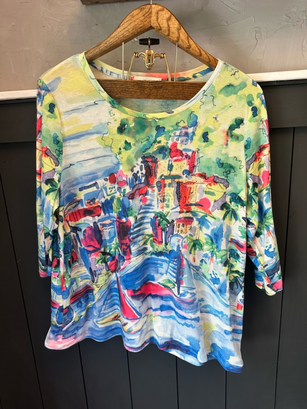 CJ Banks Multicolor Watercolor Embellished Coastal Print‎ 3/4 Sleeve Top 2X